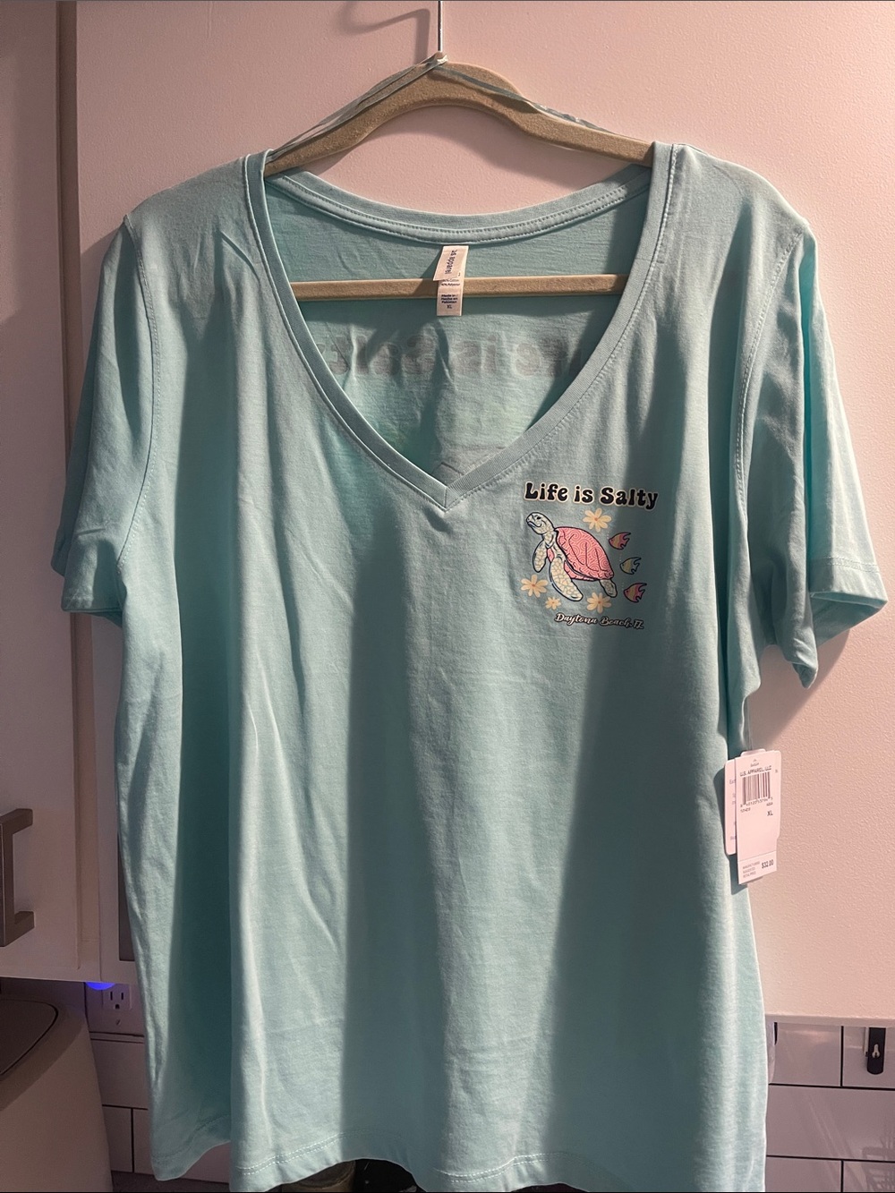 Life is Salty Sea Turtle V-Neck Tee - Light Aqua
